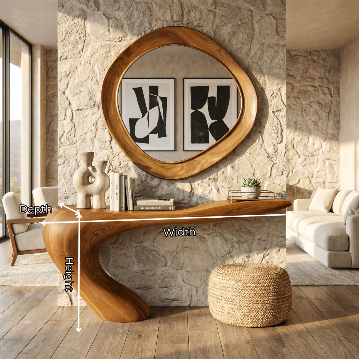 Handcrafted Solid Wood Sculptural Console Table with Curved Waterfall Base