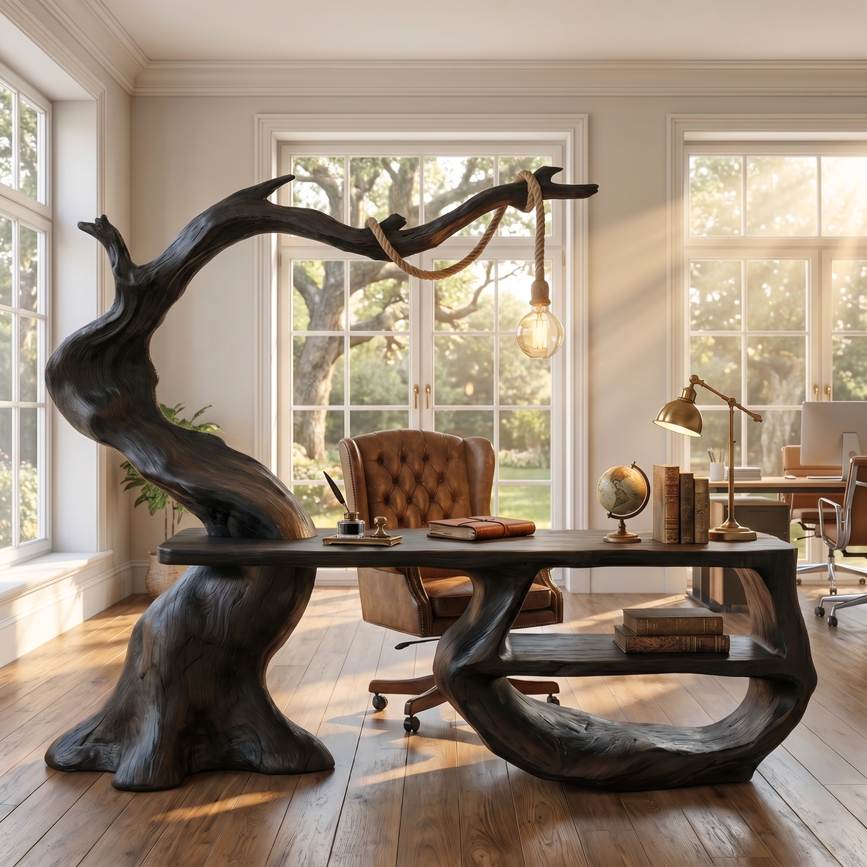 Sculptural Organic Wood Desk With Hanging Lamp Modern Handmade