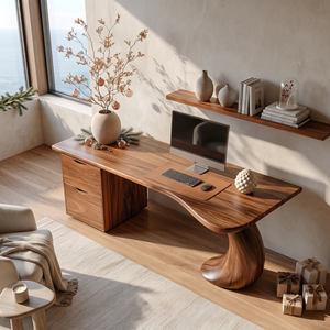 Organic Solid Wood Desk with Sculptural Curved Leg and Two Drawer Cabinet