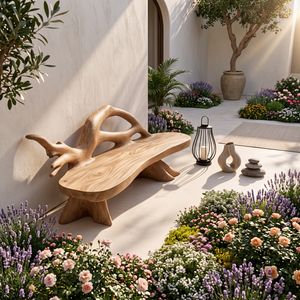 Sculptural Solid Wood Garden Bench with Organic Open Backrest