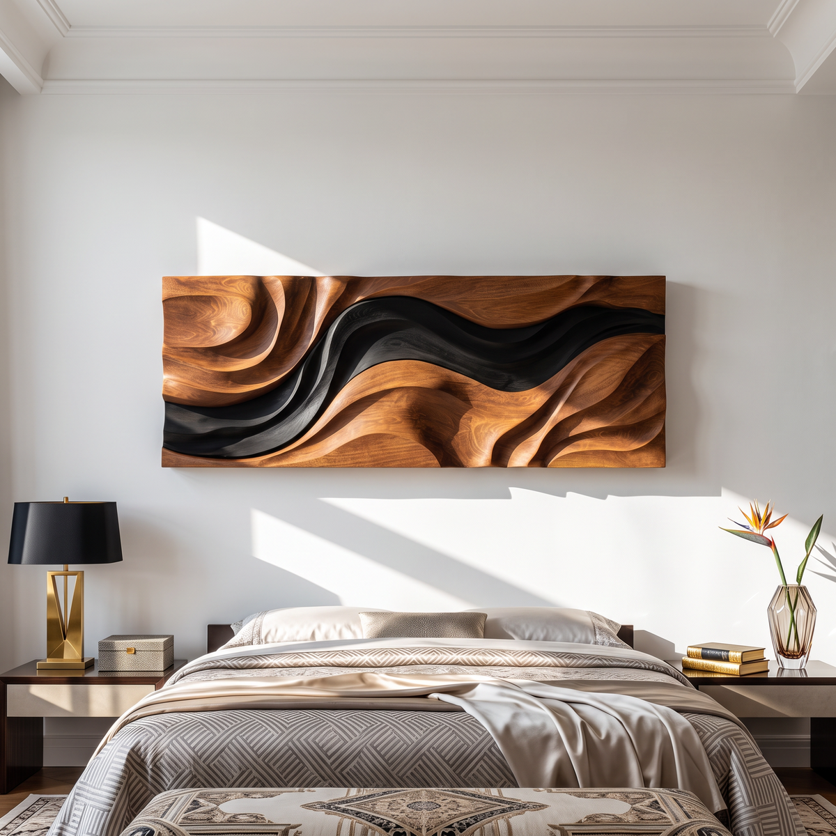 Wall Sculpture Abstract Tides with Flowing Black and Natural Wood Layers