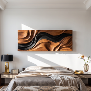 Wall Sculpture Abstract Tides with Flowing Black and Natural Wood Layers