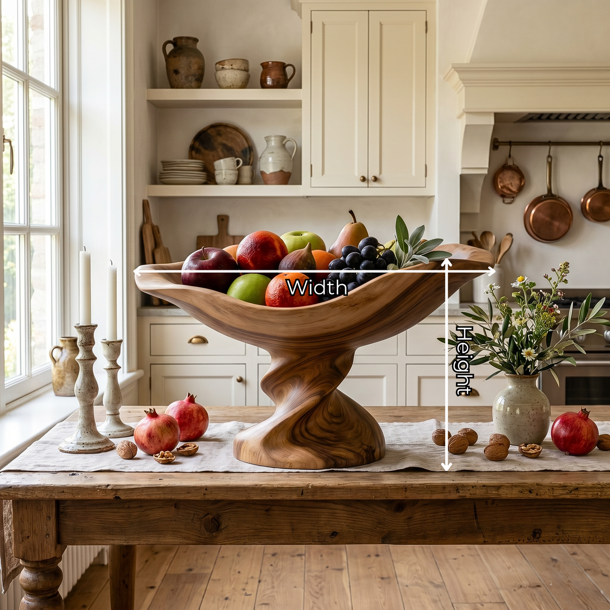 Raised Solid Wood Fruit Bowl with Sculptural Pedestal Base and Flowing Boat Shape