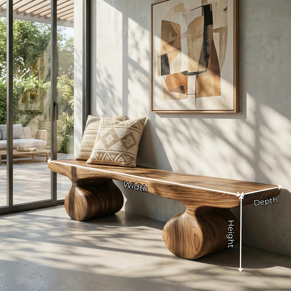 Organic Wood Bench with Sculptural Rounded Pedestal Base for Modern Interiors