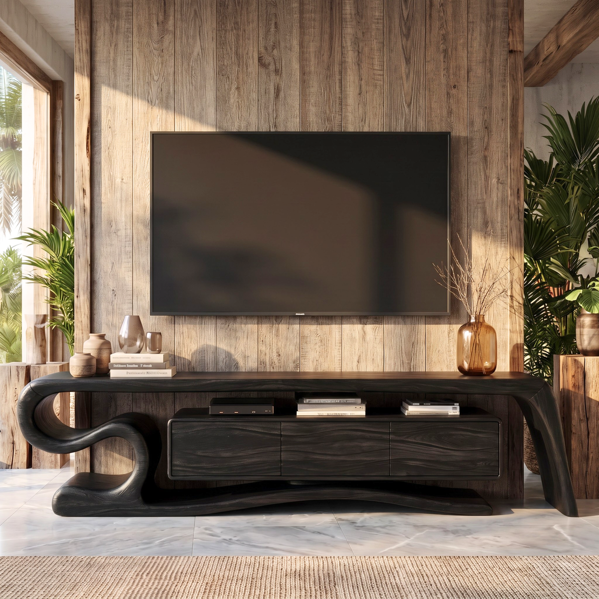 TV Stand with Sculptural S-Curve Frame and Natural Wave Grain Cabinet