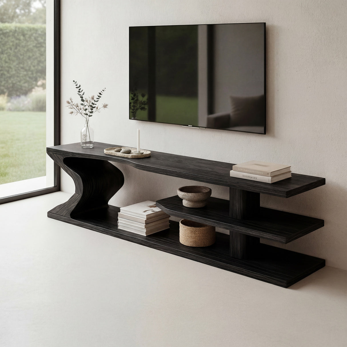 Sculptural Live Edge Wood TV Stand with Flowing Base