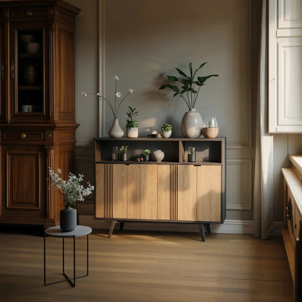 Solid Wood Sideboard Cabinet with Slatted Doors and Modern Storage