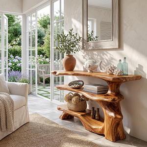 Organic Solid Wood Console Table with Three Tier Sculptural Shelves