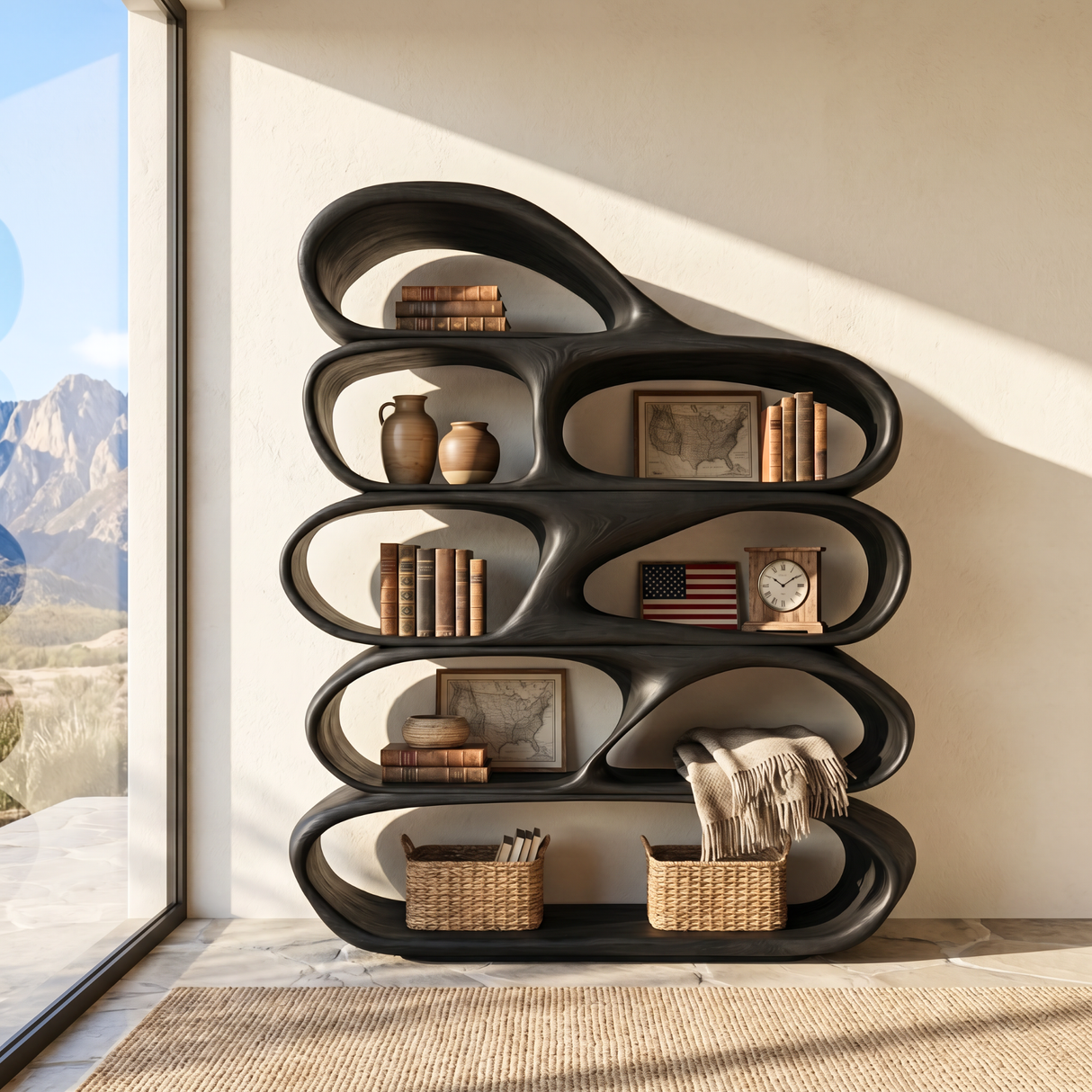 Organic Wooden Bookshelf Handmade Sculptural Solid Wood Modern Display Shelf