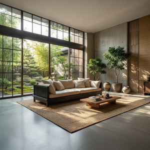 Japanese Style Low Wooden Sofa with Linen Cushions Zen Solid Wood Platform Couch