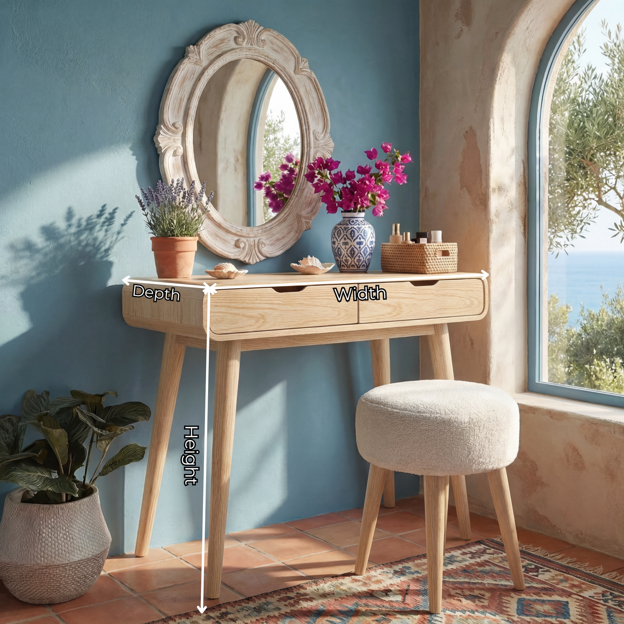Rounded Wood Vanity Table with Two Drawers, Minimalist Dressing Table for Modern Bedrooms