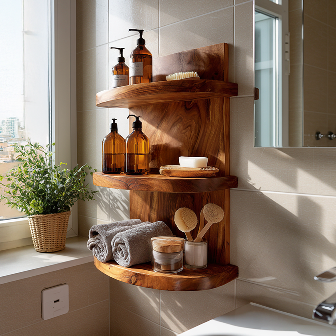 Corner Solid Wood Wall Shelves with Organic Curves