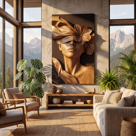 3D Floral Woman Sculpture Wall Art Solid Wood Handcrafted Decor