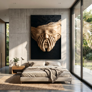 Sculptural Wood Wall Art with Veiled Face and Hands