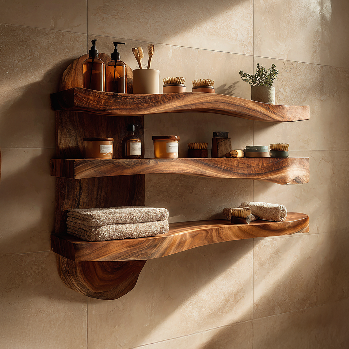 Sculpted Solid Wood Bathroom Wall Shelf Unit