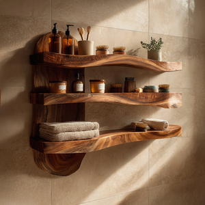 Sculpted Solid Wood Bathroom Wall Shelf Unit