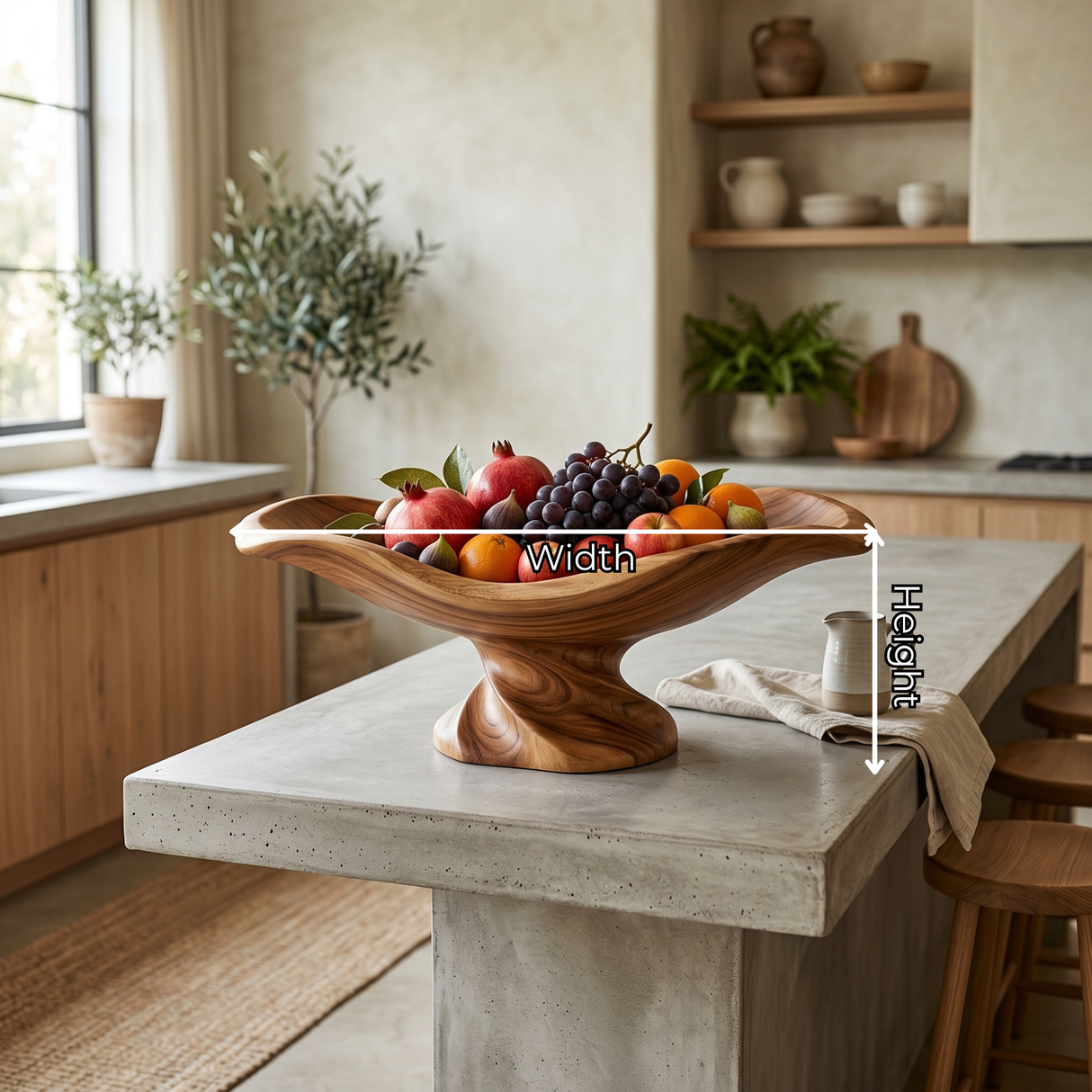 Handcrafted Wood Fruit Centerpiece Bowl with Wavy Rim and Sculpted Pedestal Base