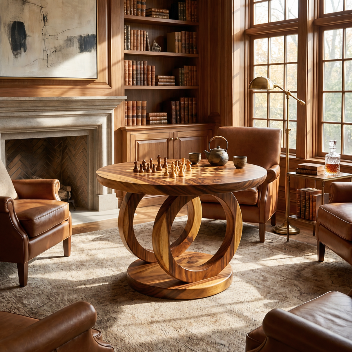Handcrafted Solid Wood Round Chess Table with Sculptural Ring Pedestal