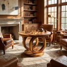 Handcrafted Solid Wood Round Chess Table with Sculptural Ring Pedestal