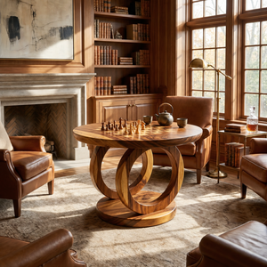Handcrafted Solid Wood Round Chess Table with Sculptural Ring Pedestal