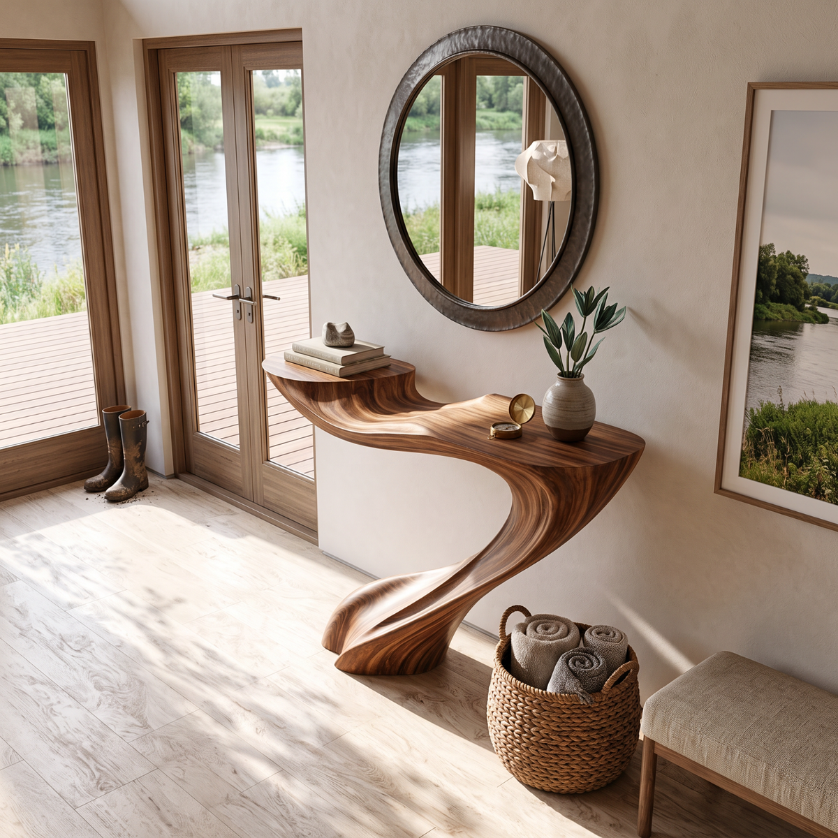 Handcrafted Solid Wood Console Table with Sweeping Wave Pedestal