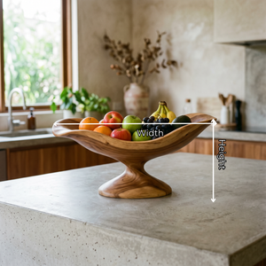 Handcrafted Solid Wood Fruit Bowl with Sculptural Pedestal Base and Organic Wavy Rim