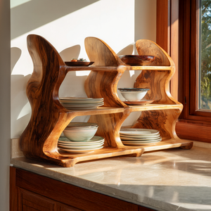 Handcrafted Solid Wood Dish Organizer Shelf for Kitchen Counter