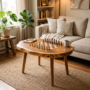 Handcrafted Solid Wood Oval Chess Coffee Table with Built In Board