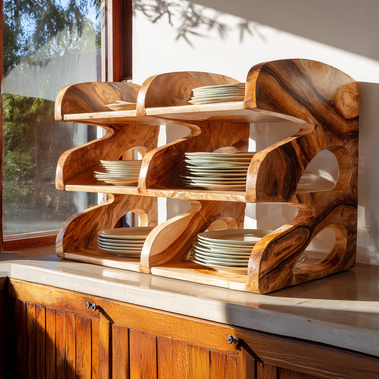 Organic Solid Wood Plate Rack Shelf for Kitchen Counter