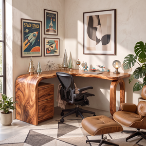 Handcrafted Solid Wood Desk with Sculptural Loop Leg and Built In Drawers