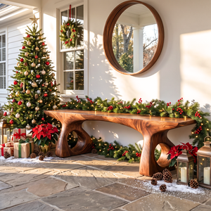 Bench Solid Wood with Sculptural Loop Base and Flowing Live Edge Seat