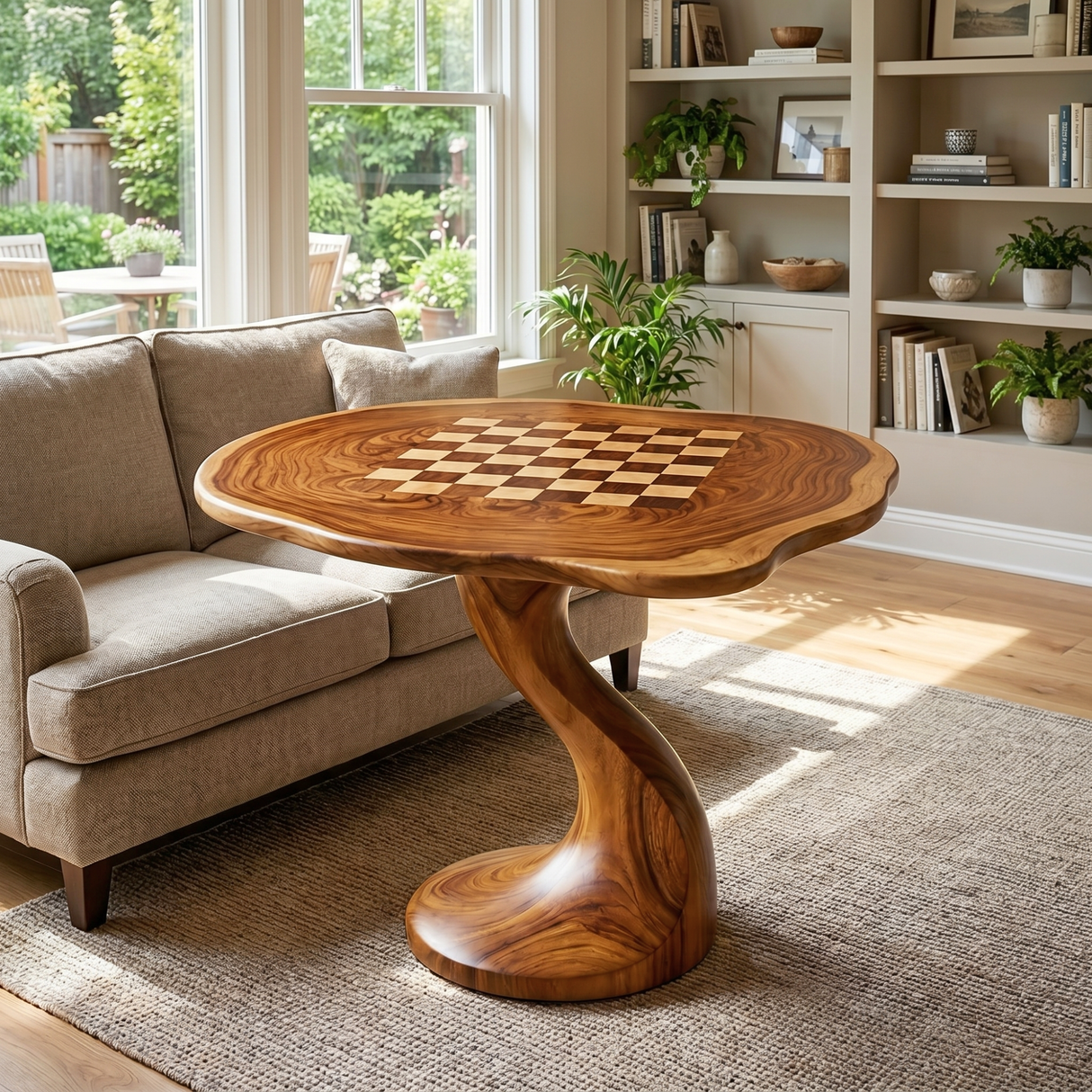 Handcrafted Solid Wood Chess Table with Organic Round Top and Curved Pedestal Base