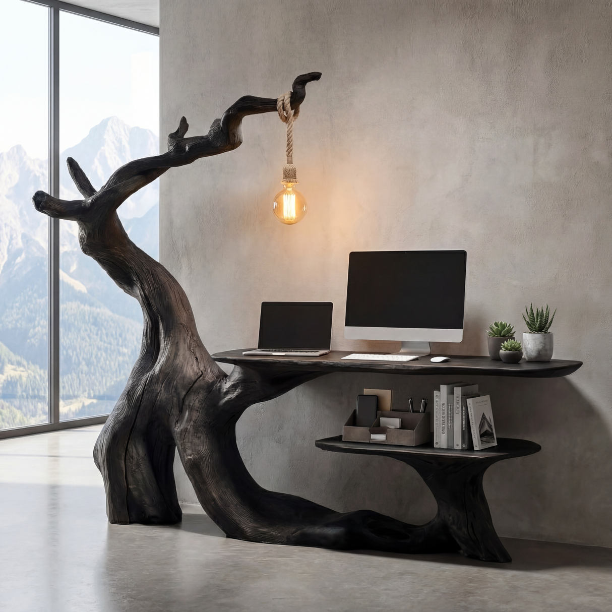 Organic Sculptural Solid Wood Desk with Hanging Light Artistic Tree Form Writing Table Modern Workspace