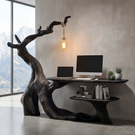 Organic Sculptural Solid Wood Desk with Hanging Light Artistic Tree Form Writing Table Modern Workspace