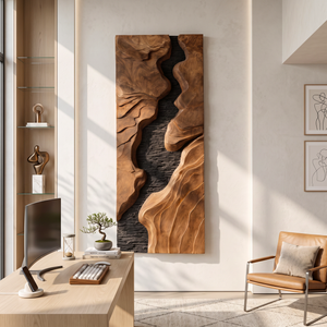 Vertical Sculpted Wood Wall Art with Layered Relief and Contrasting Textures