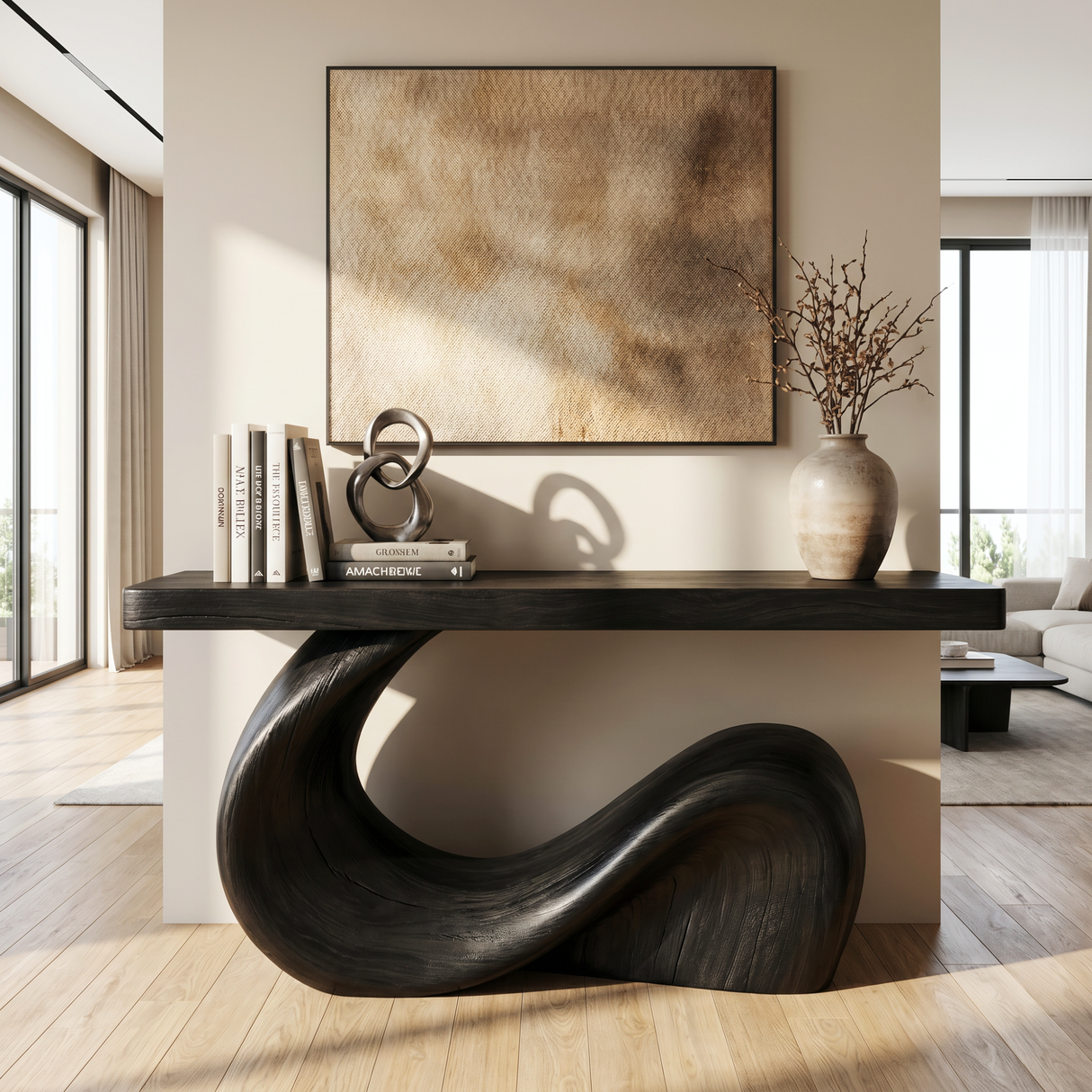 Console Table Solid Wood with Sculptural Wave Base for Entryway Decor