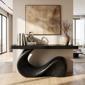 Console Table Solid Wood with Sculptural Wave Base for Entryway Decor