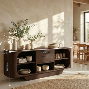 Sculptural Solid Wood Sideboard with Center Drawers and Rounded Open Shelves, Organic Modern Storage Cabinet
