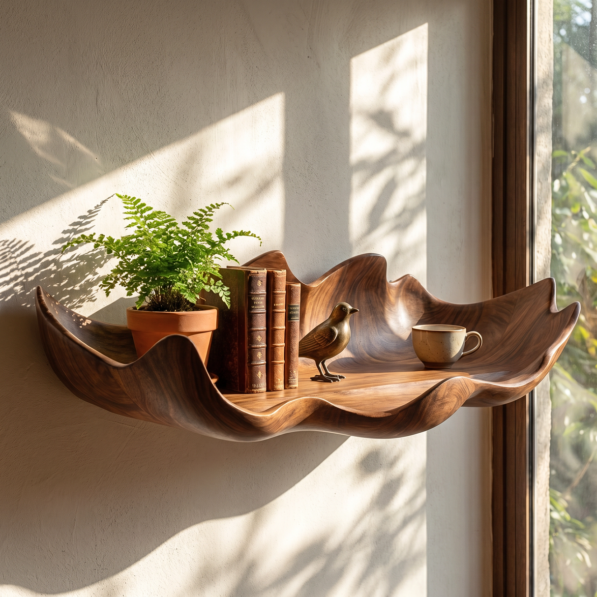 Handcrafted Solid Wood Bloom Tray Wall Shelf with Sculpted Petal Edge