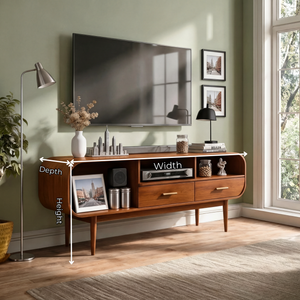 Curved Wood TV Cabinet with Drawers and Open Shelving, Mid Century Modern Media Console for Organic Modern Living Rooms