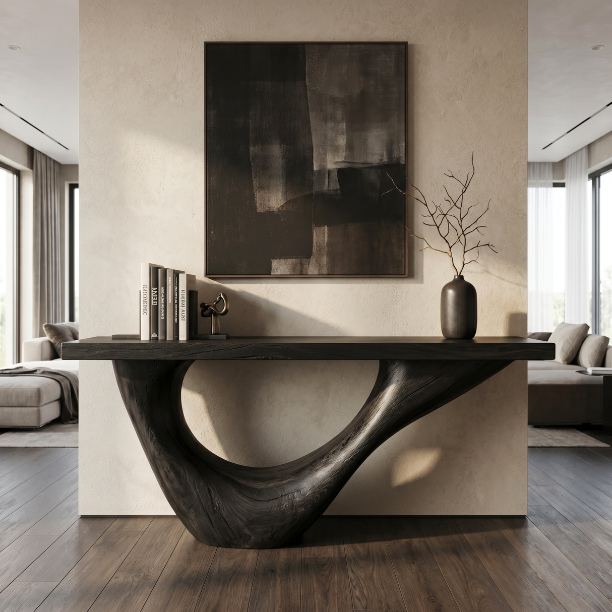 Console Table Solid Wood with Sweeping Open Crescent Base