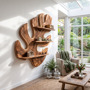 Tropical Leaf Solid Wood Wall Shelf for Nature Inspired Living Room Decor
