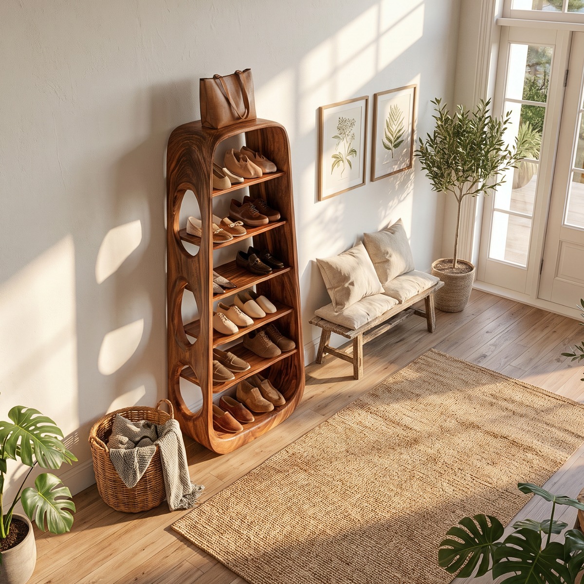 Shoe Cabinet Solid Wood Tall Open Shoe Storage Rack for Entryway Bedroom and Closet