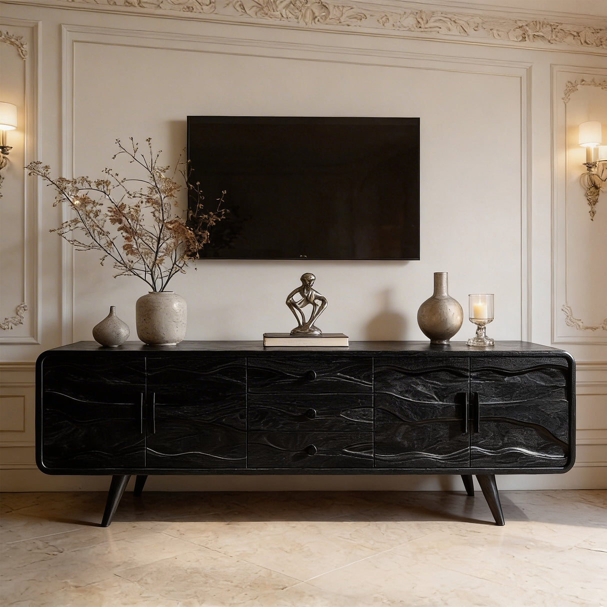 Organic Solid Wood TV Cabinet with Wave Carved Doors