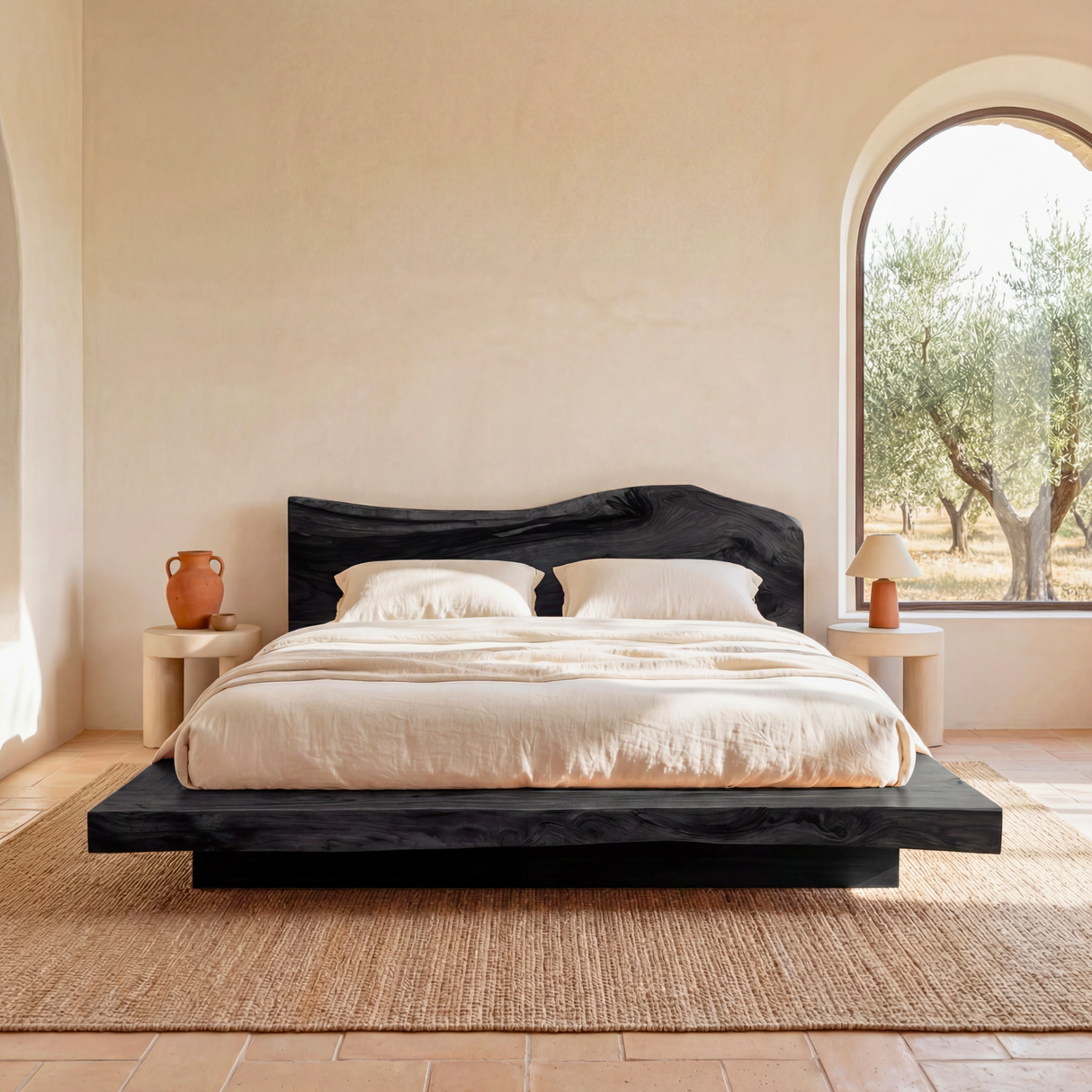 Solid Wood Platform Bed with Natural Edge Headboard for Bedroom