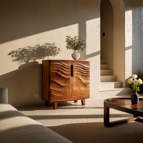 Hand-Carved Solid Wood Cabinet with Wave Front Design