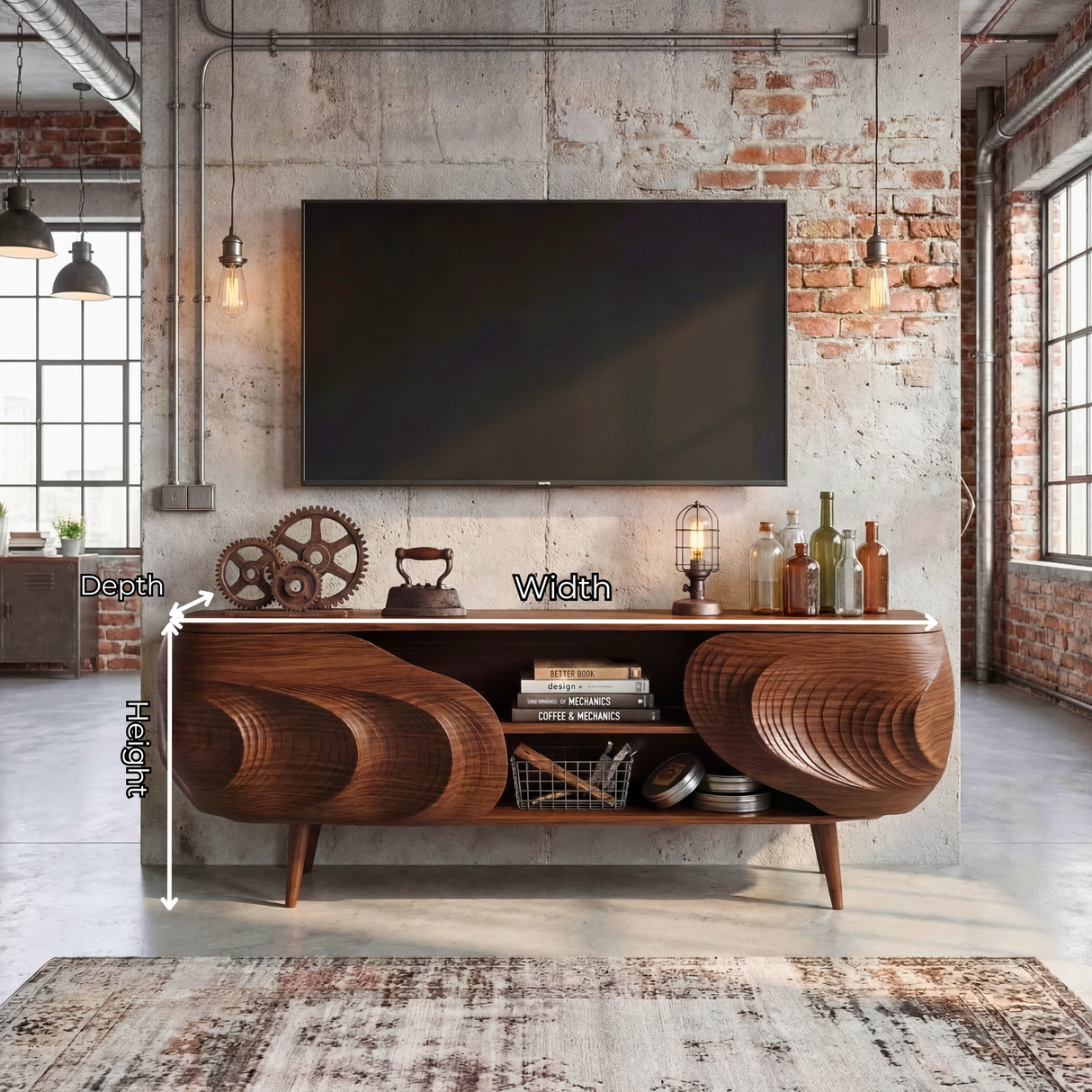 Sculptural Wood TV Cabinet with Carved Organic Front, Modern Media Console for Luxury Living Rooms