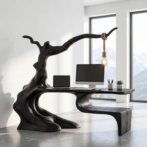 Solid Wood Organic Desk Sculptural Tree Inspired Workspace with Hanging Lamp Modern Writing Table