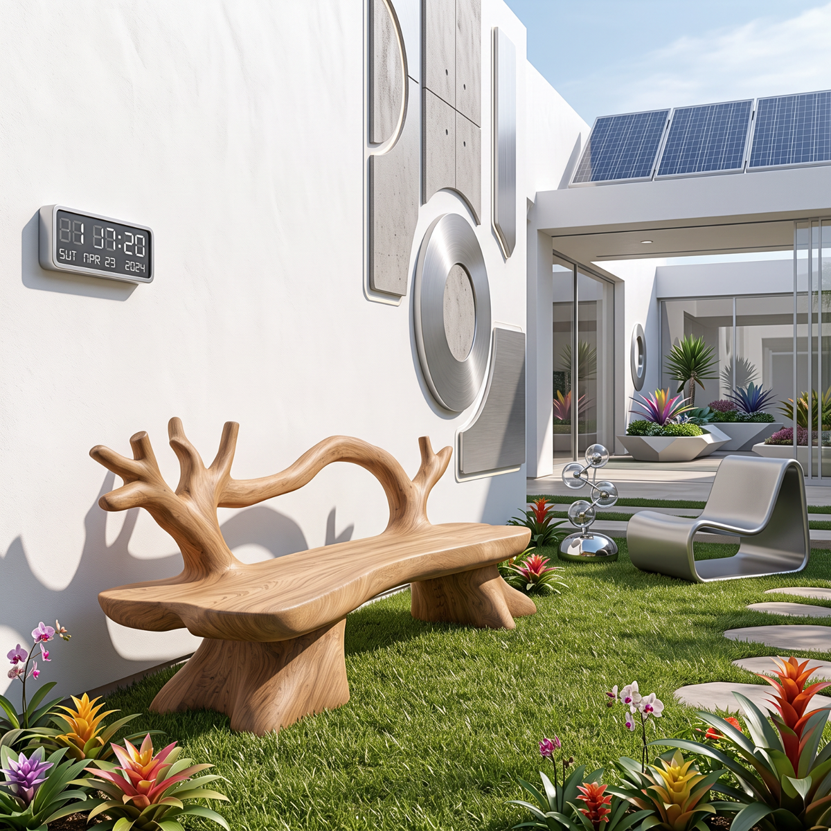 Organic Solid Wood Garden Bench with Sculptural Loop Backrest