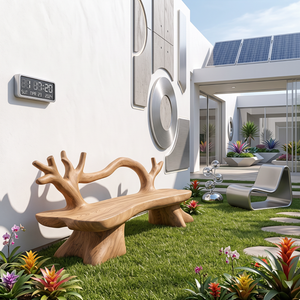 Organic Solid Wood Garden Bench with Sculptural Loop Backrest